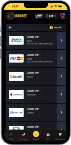 Donbet mobile deposit page with bank transfer, cards and crypto options for UK players